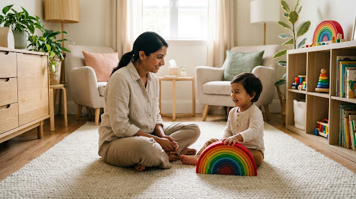A therapist sitting on the floor playing with a smiling toddler and a wooden rainbow